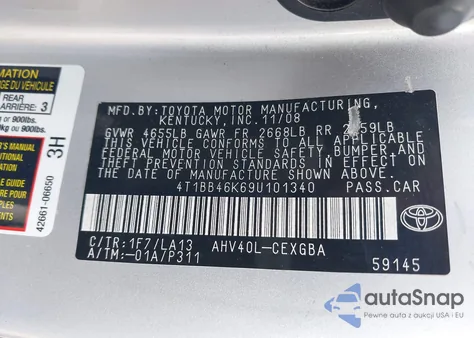 2009 Toyota Camry Hybrid z USA, uszkodzony, nr VIN 4T1BB46K69U101340